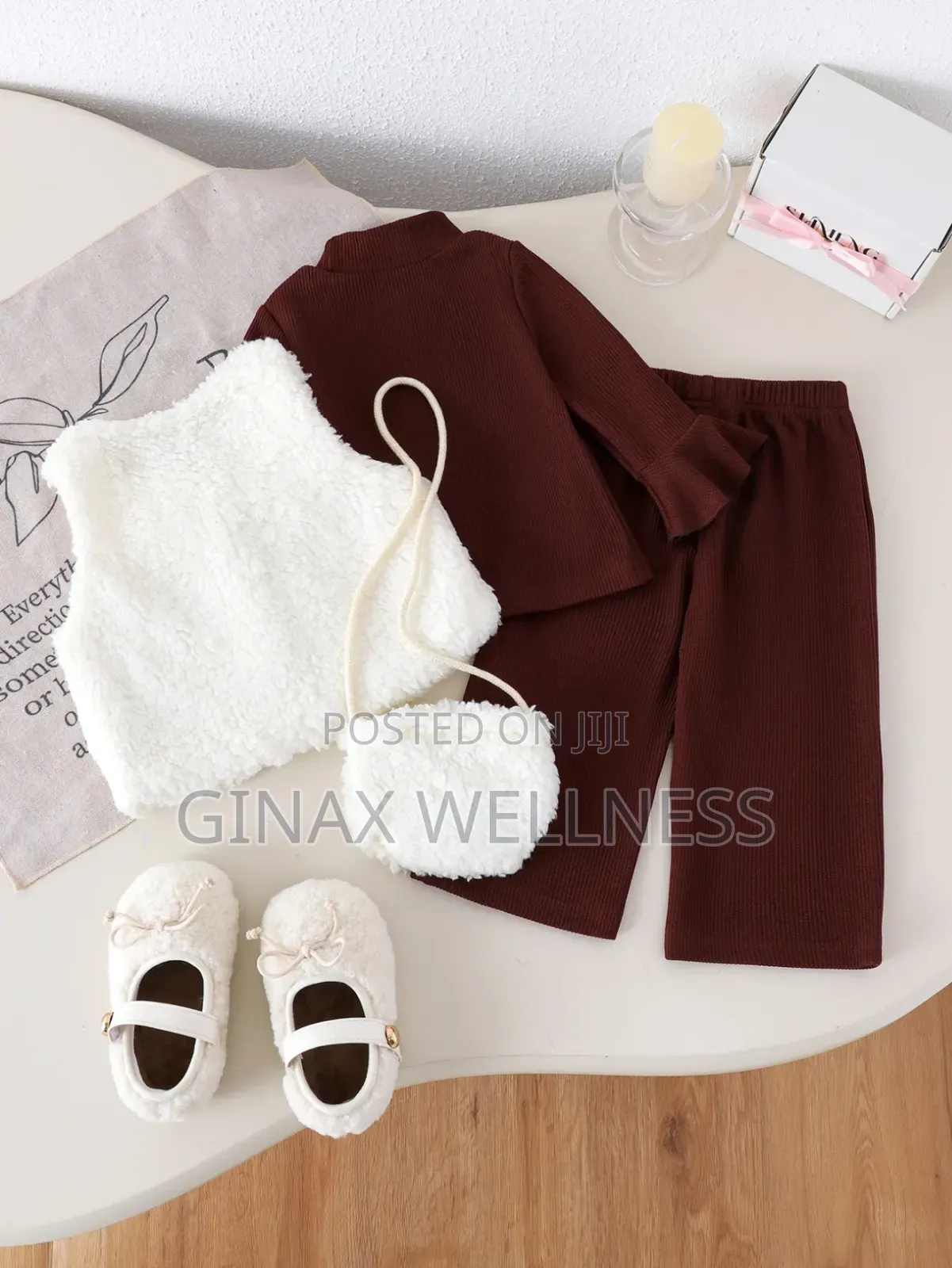 4-Piece Baby Girls Brown Top, Trousers, Fluffy Vest & Bag Set (6-12m)