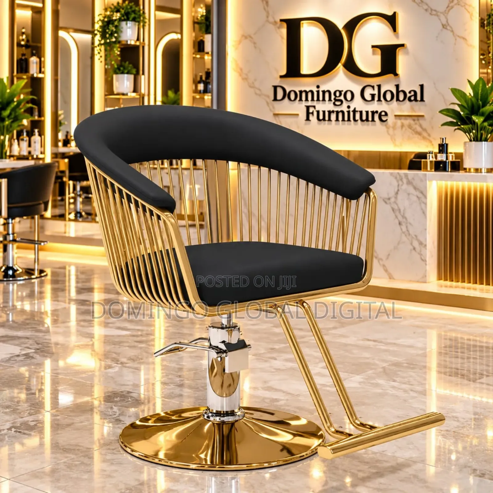 Luxury Hydraulic Salon Chair With a Vertical Gold-Wire Frame
