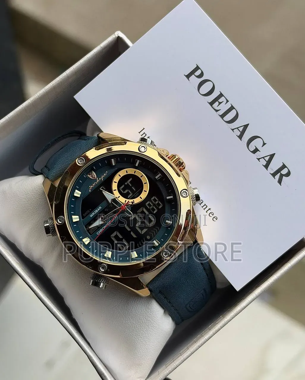 Poedagar Chronograph Digital and Analog Time Leather Watch