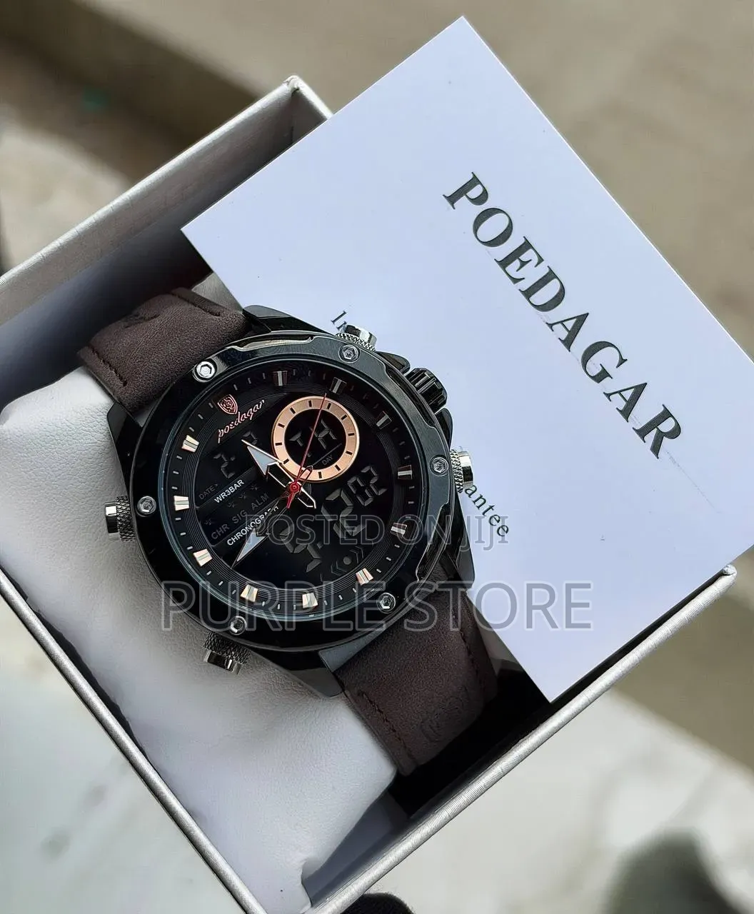 Poedagar Chronograph Digital and Analog Time Leather Watch