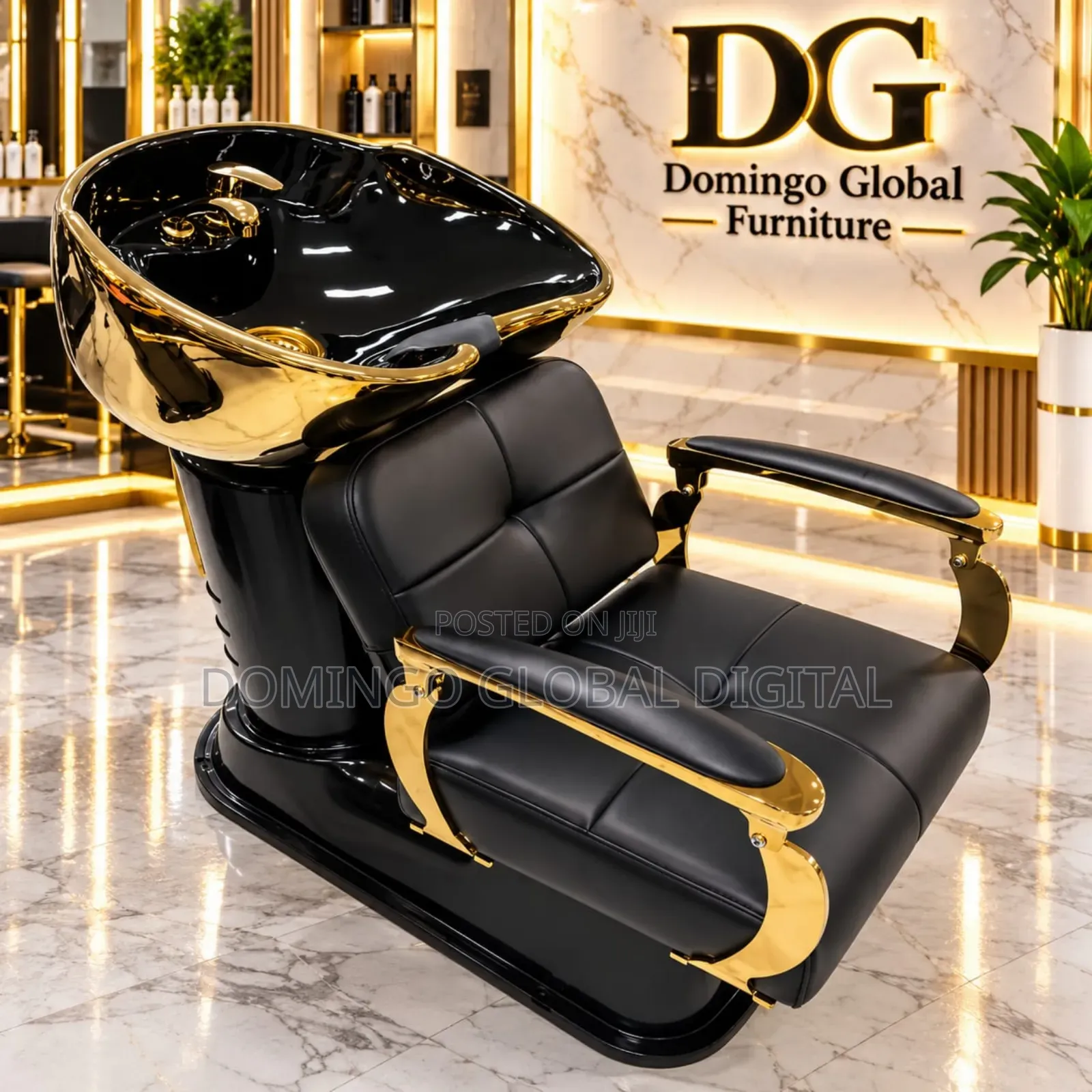 Luxury Black and Gold Hair Wash Salon Chair & Backwash Ceramic Basin
