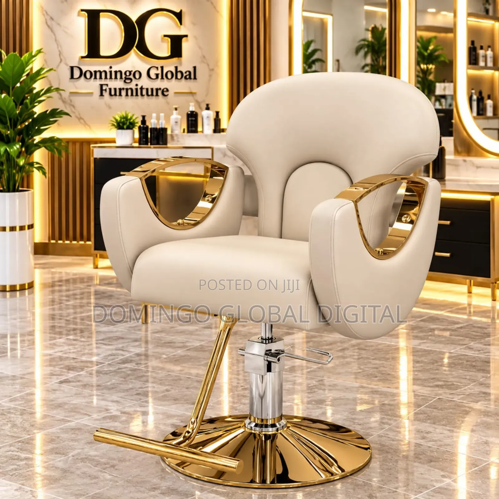 Luxury Styling & Barber Chair With Cream Faux Leather Upholstery &Gold