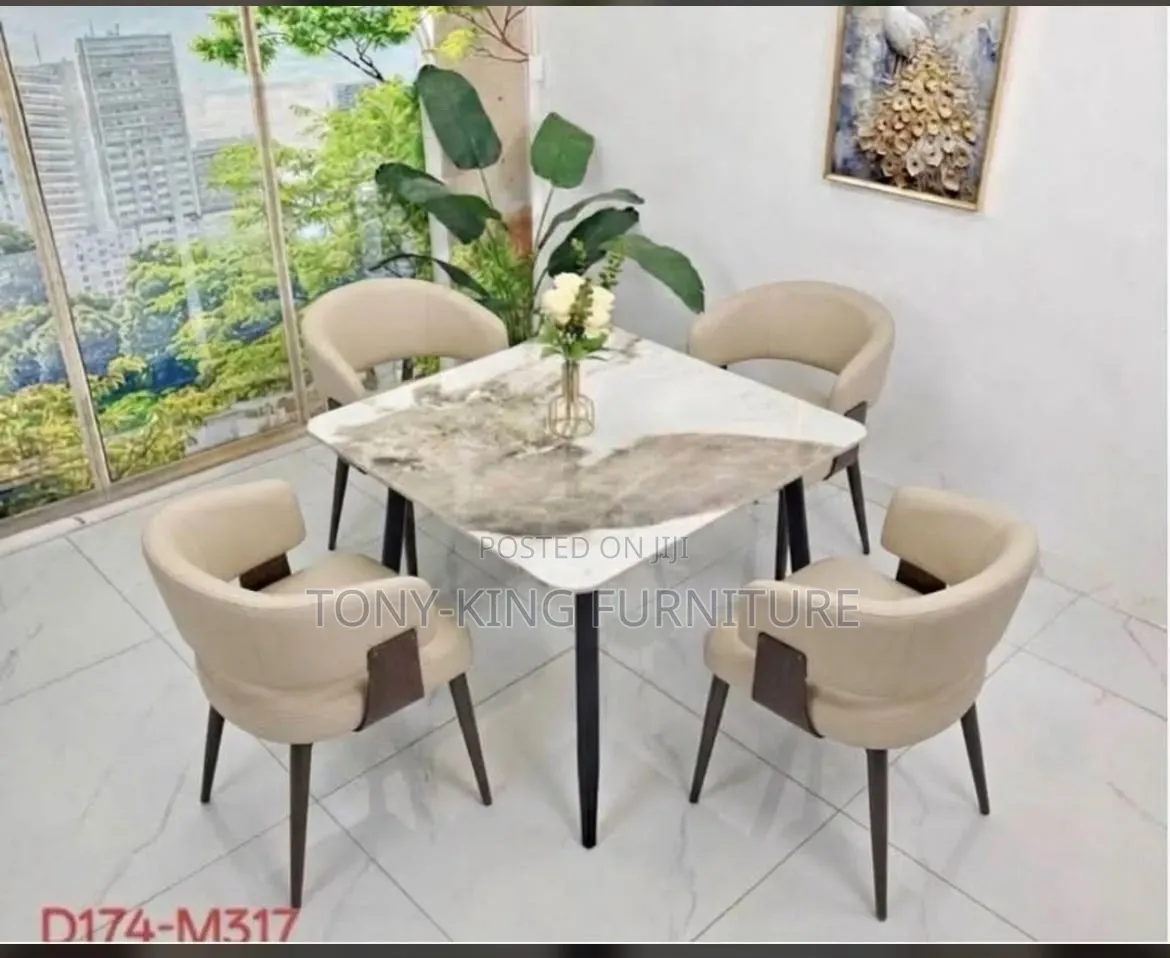 4-Seater Marble Dining Table Set With Curved Upholstered Chairs