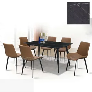6 Seater Ceramic Top Dining Set-Black Top Brown Chair With Metal Leg