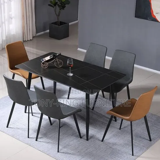 6 Seater Ceramic Top Dining Set-Black Top Brown Chair With Metal Leg