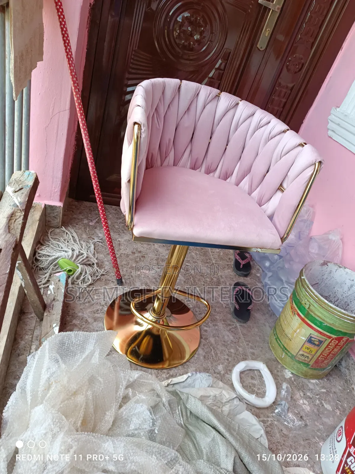 Modern Velvet Adjustable(Pink) Bar Stools With Gold Base X2