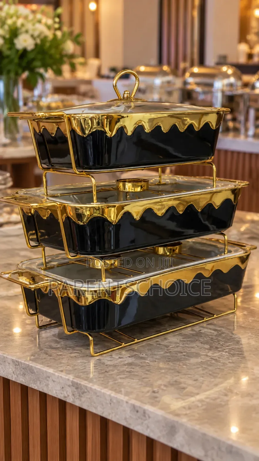 Luxury 3-Piece Ceramic Food Warmer Dish Sets- Black/Gold