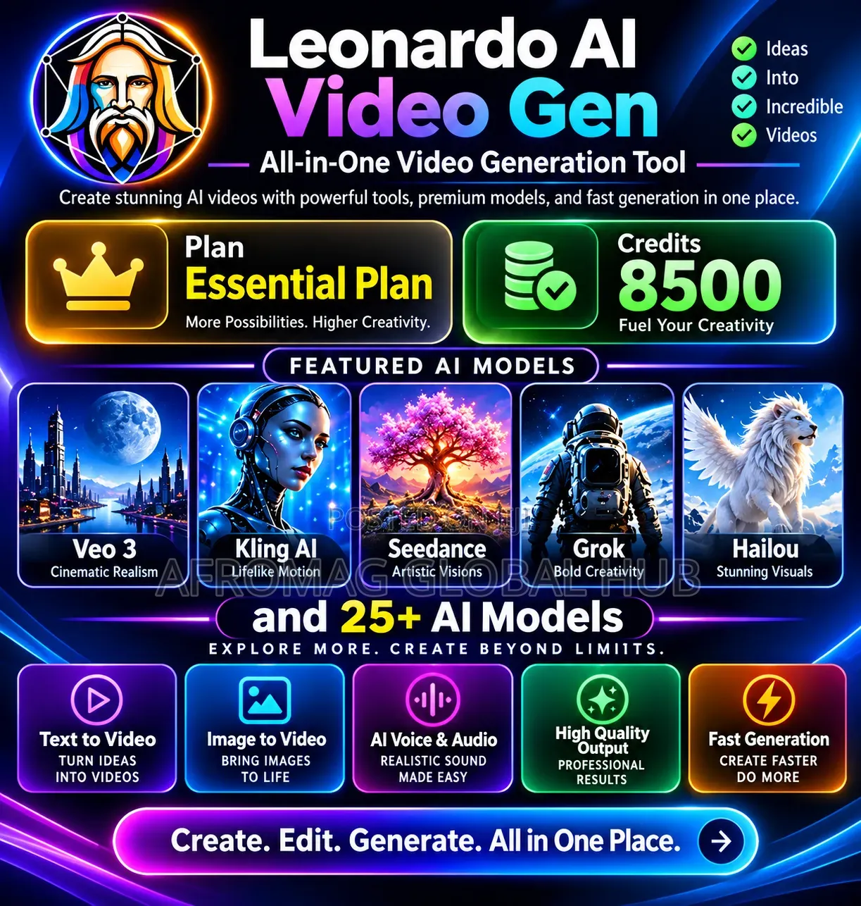 Leonardo AI Video Gen – Essential Plan | 8500 Credits | 25+ AI Models