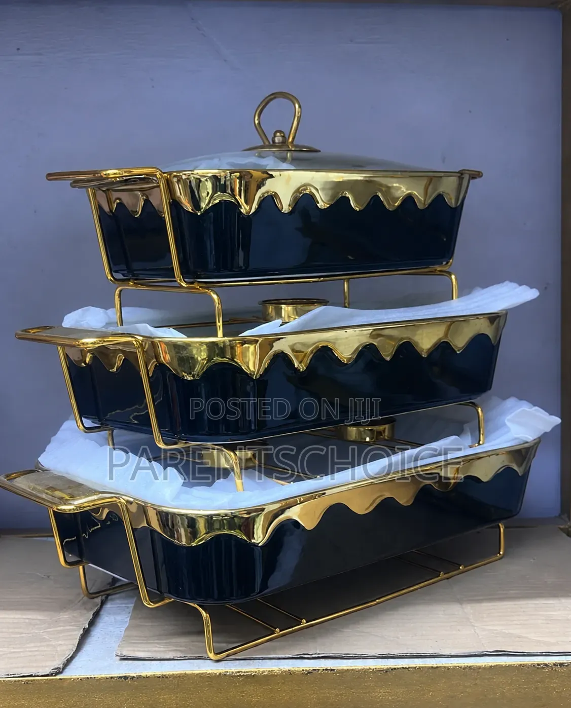 Luxury 3-Piece Ceramic Food Warmer Dish Sets- Black/Gold