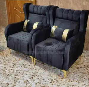 Luxury Black Velvet Wingback Armchairs Pair With Gold Legs
