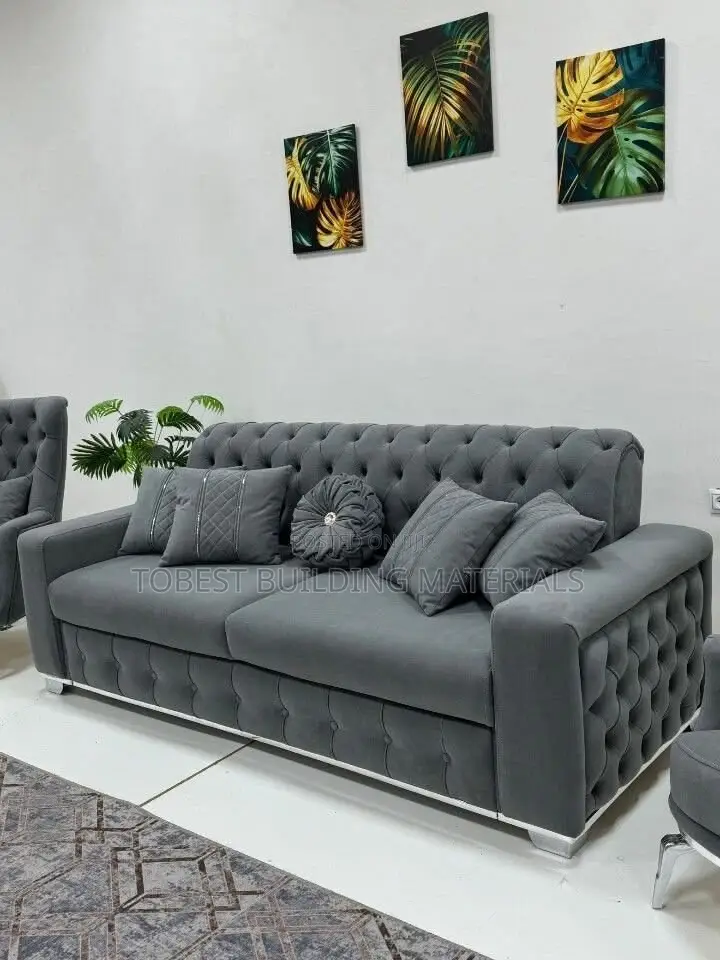 Luxury Charcoal Grey Tufted Velvet Sofa With Silver Trim