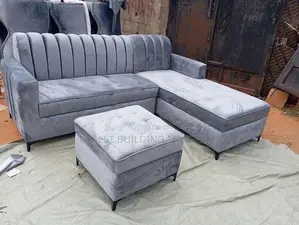 Modern Grey Fluted Velvet L-Shaped Sectional Sofa + Tufted Ottoman