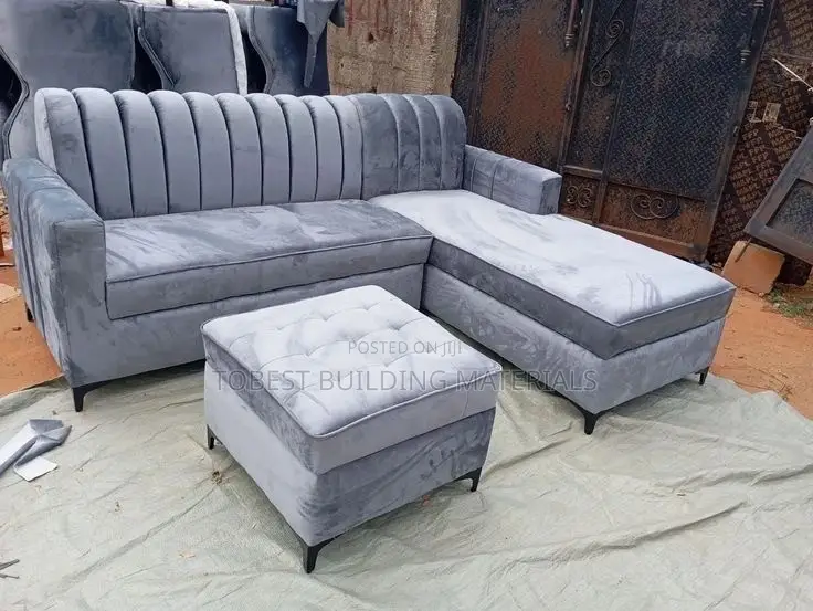 Modern Grey Fluted Velvet L-Shaped Sectional Sofa + Tufted Ottoman