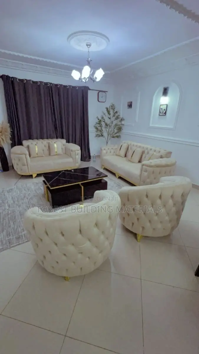 Modern Ivory & Gold Chesterfield-Style Living Room Furniture Set