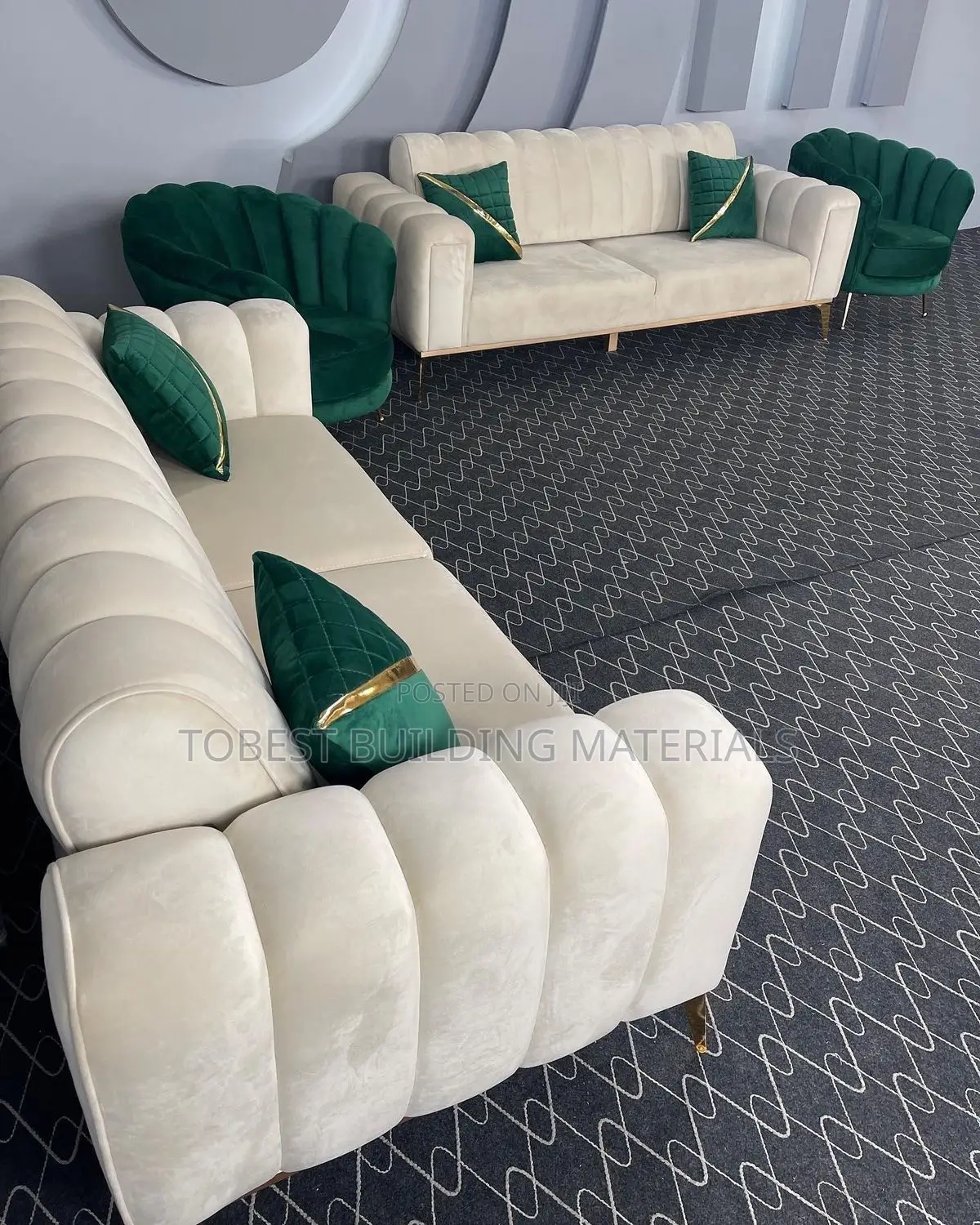 Luxury Cream and Emerald Green Velvet Living Room Sofa Set