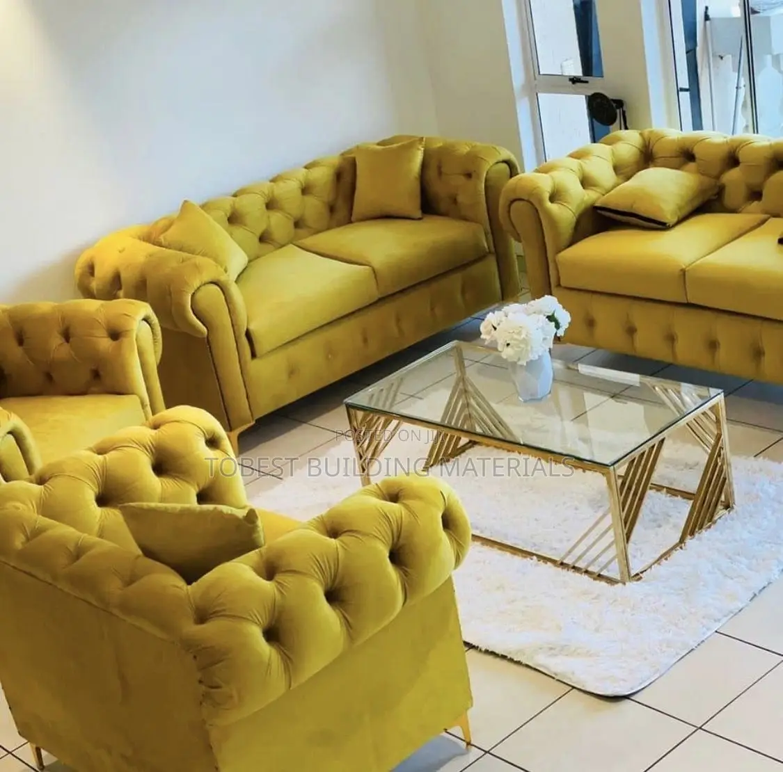 Luxury Mustard Yellow Velvet Chesterfield Living Room Set