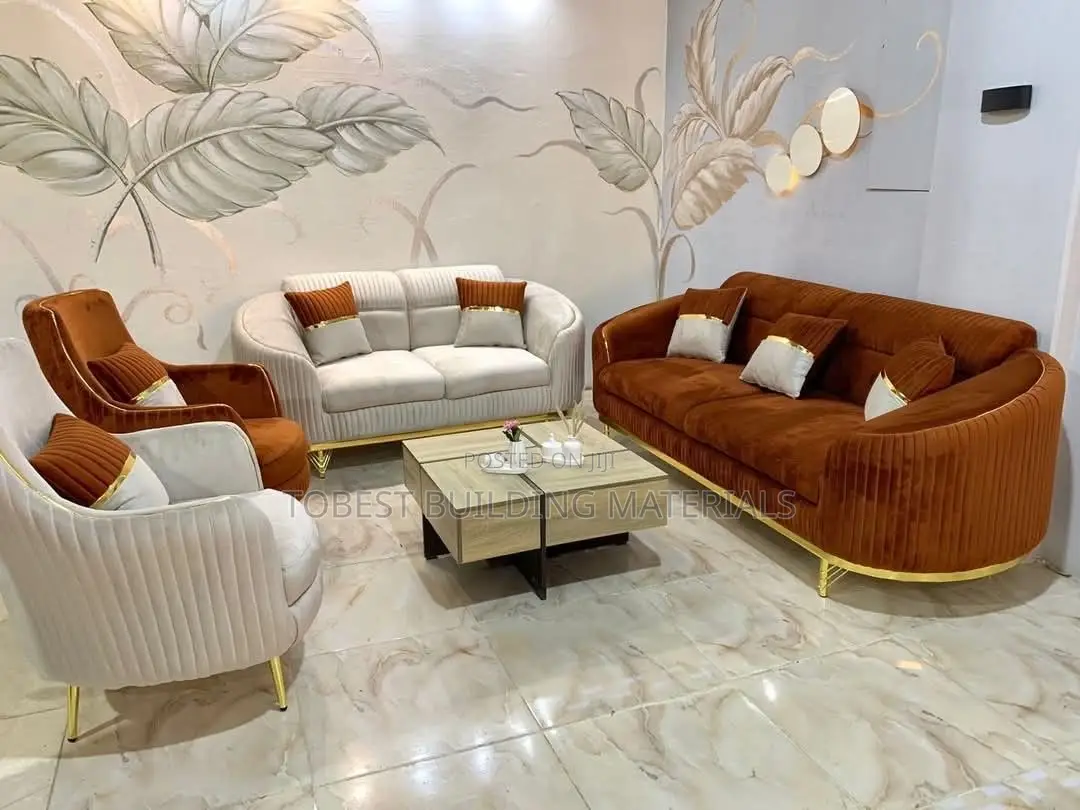 Luxury Two-Tone Rust Orange & Cream Velvet Living Room Set