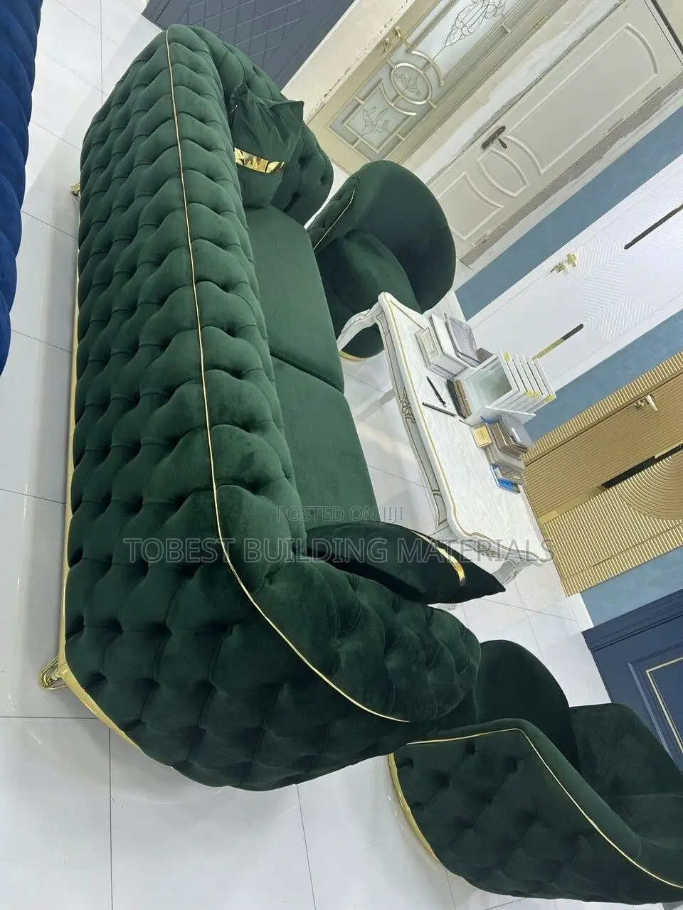 Luxury Dark Green & Gold Velvet Chesterfield Living Room Set