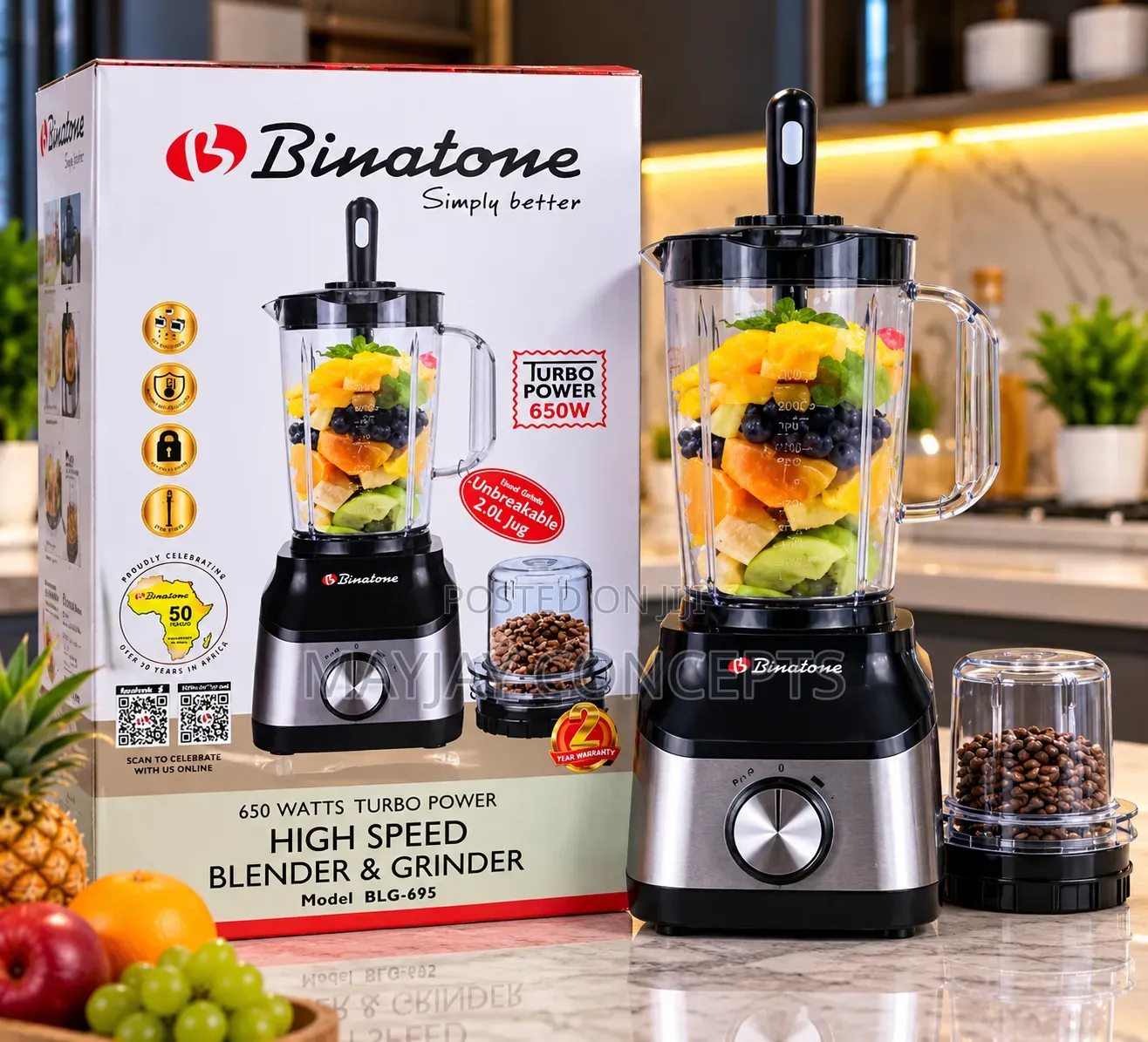 Binatone BLG-695 650W High Speed Blender and Grinder With 2L Jar