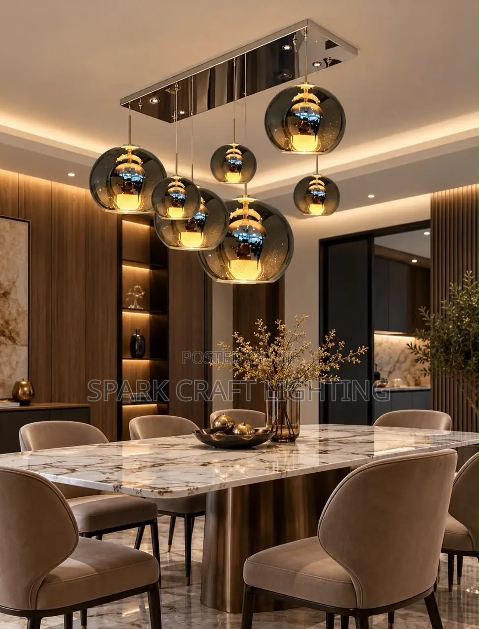 Luxury 7-Light Smoked Glass Globe Pendant Dining Chandelier