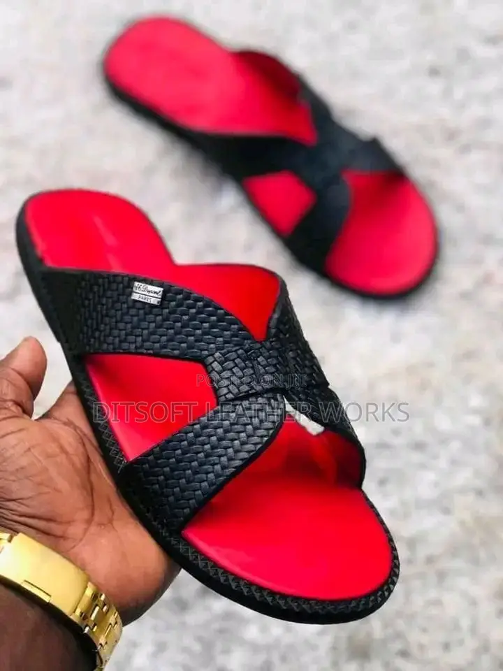 Premium Men's Black Pam Slippers With Red Insole & Woven Design