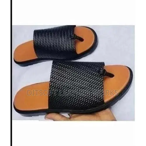 Men's Black Woven Leather Pam Slippers With Tan Insole