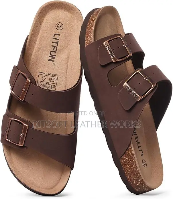 Unisex Brown Cork-Bed Pam Slippers With Double Buckle