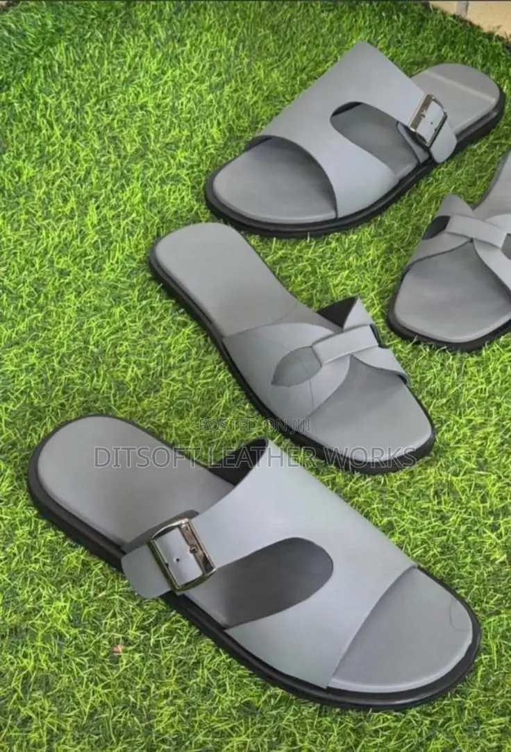 Couple's Pair Grey Leather Pam Slippers With Cutout & Buckle