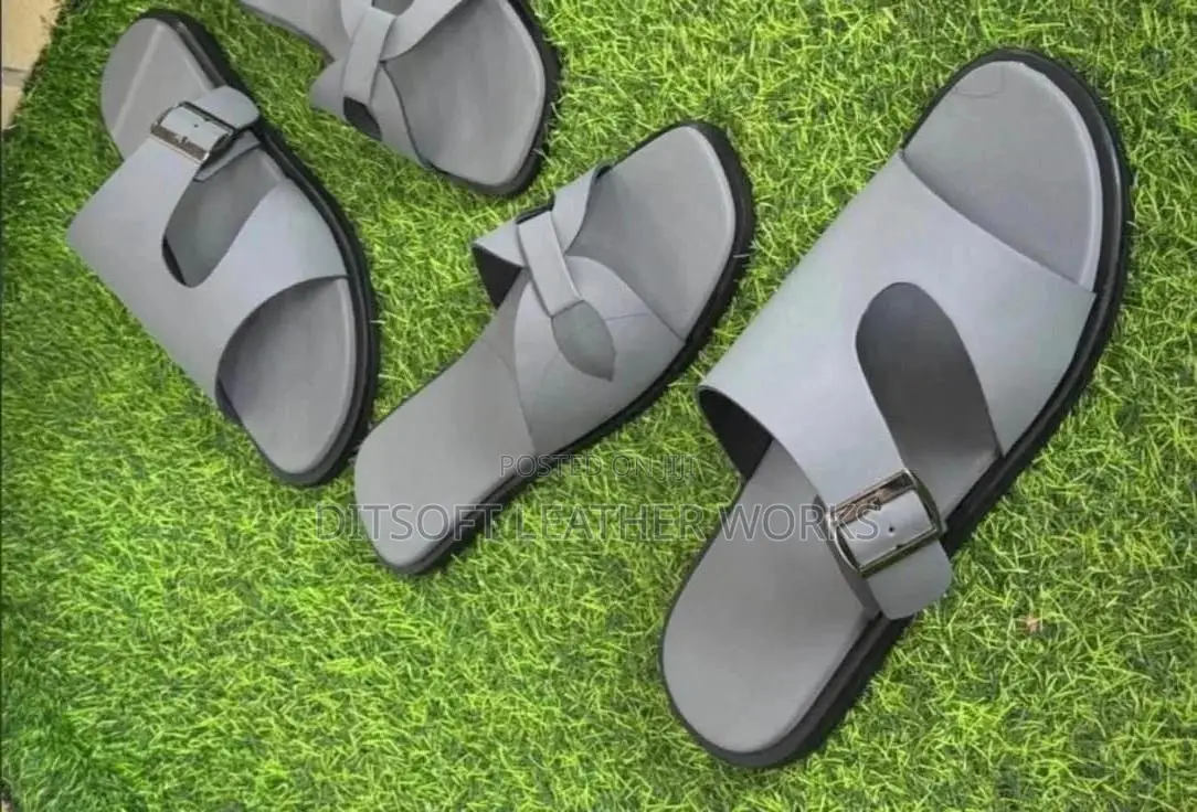 Couple's Pair Grey Leather Pam Slippers With Cutout & Buckle