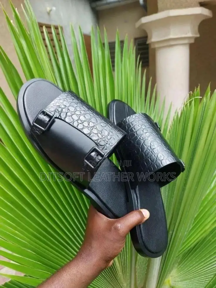 Men's Black Crocodile Leather Pam Slippers With Buckles