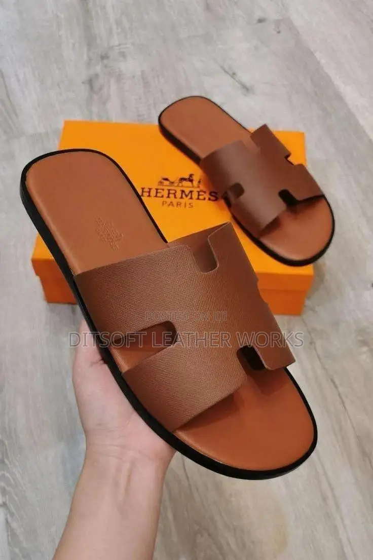 Hermes-Style Brown Leather Pam Men's Slides
