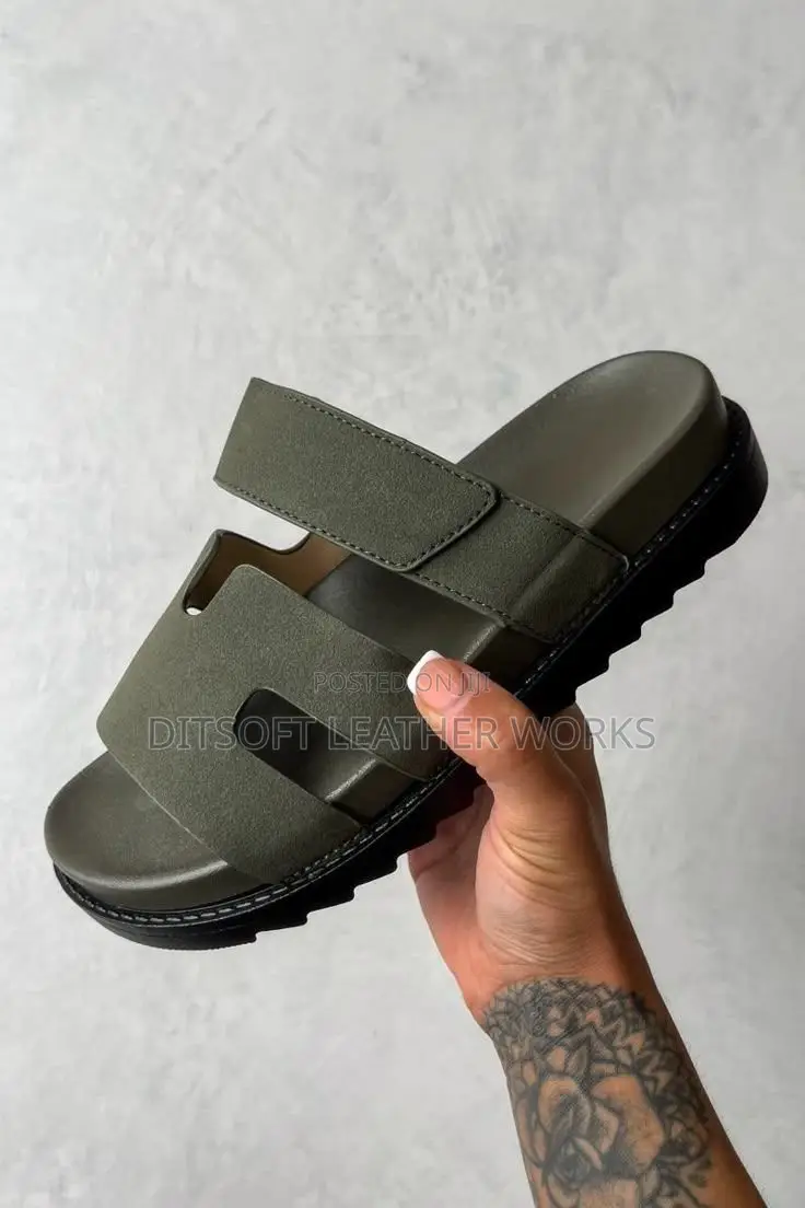 Hermes-Style Olive Green Suede Pam Slippers for Men