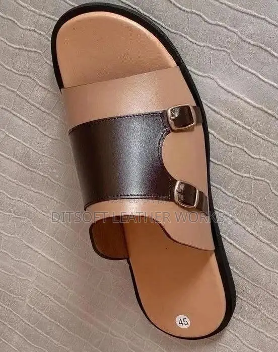 Men's Two-Tone Beige & Brown Leather Pam Slippers