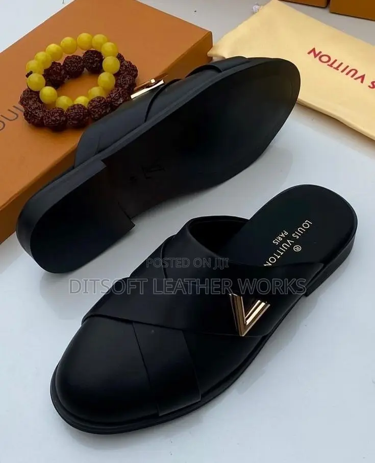 Premium Black Leather Half Shoe Pams With Gold Emblem