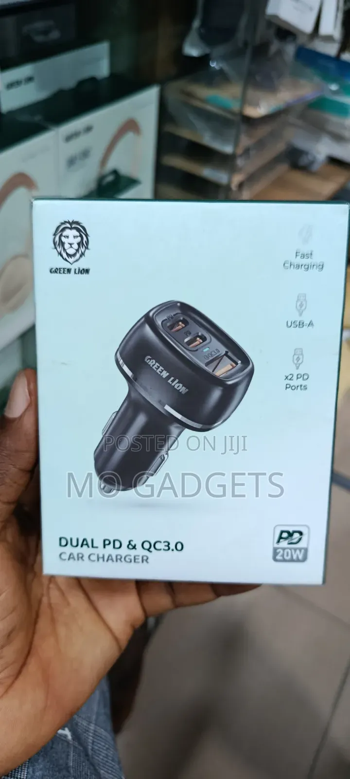 Green Lion 3-Port Fast Car Charger - Dual Type-C PD 20watt USB-A QC3.0
