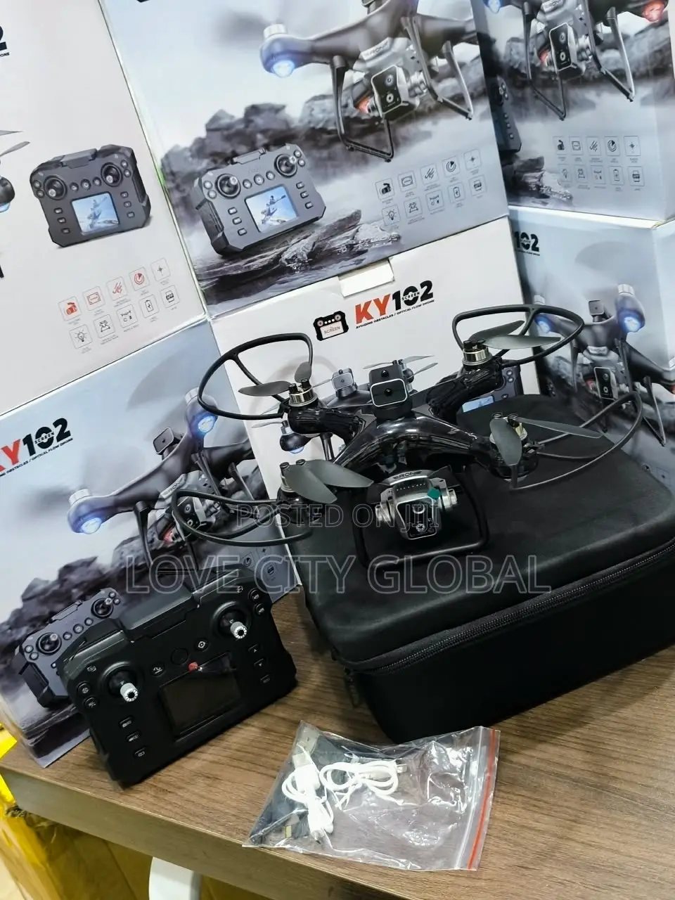 KY102 Foldable Dual Camera Drone Screen Remote Controller & 2 Battery