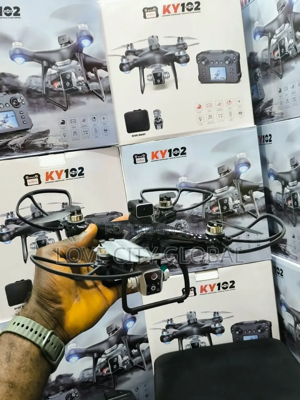 KY102 Foldable Dual Camera Drone Screen Remote Controller & 2 Battery