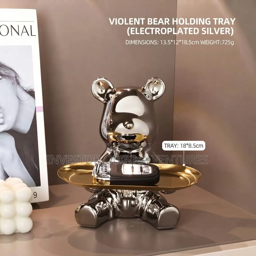 Electroplated Silver Violent Bear Holding Tray Figurine