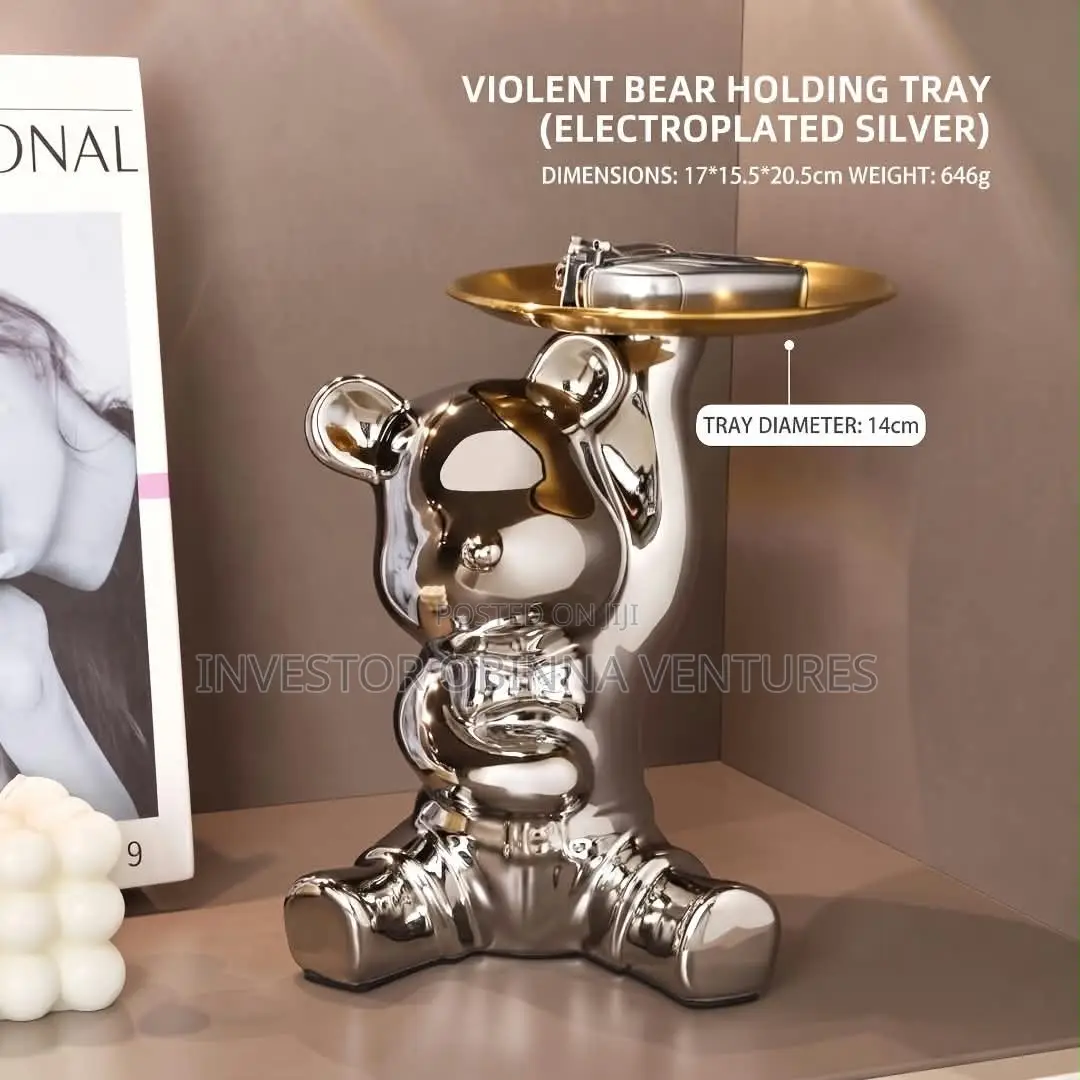 Electroplated Silver Violent Bear Holding Tray Figurine
