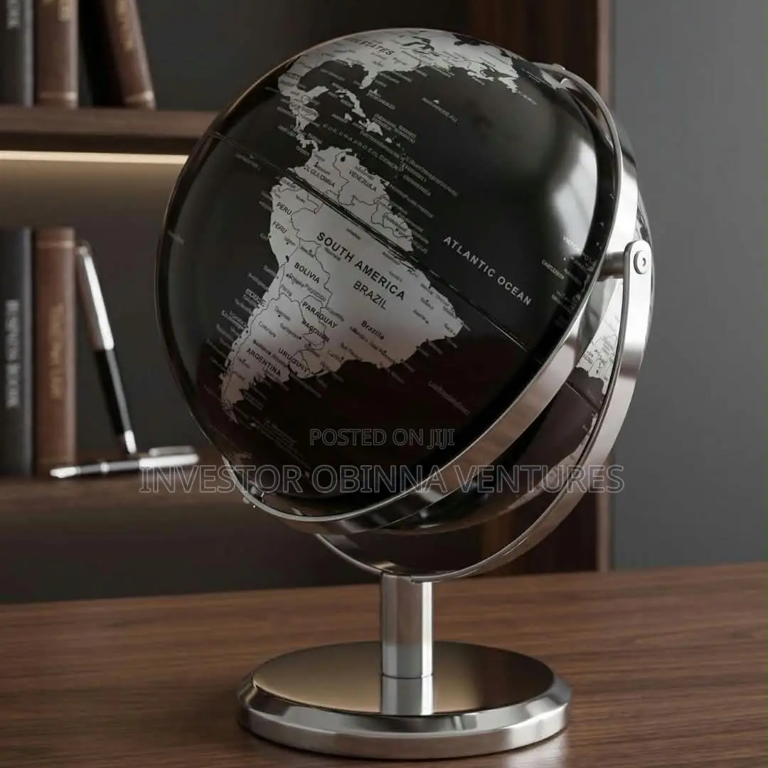 Luxury Metallic Silver & Black Rotating Desktop Globe
