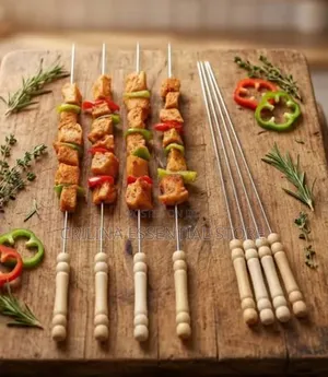 10-Piece Stainless Steel Barbecue Skewer Set With Wooden Handles.