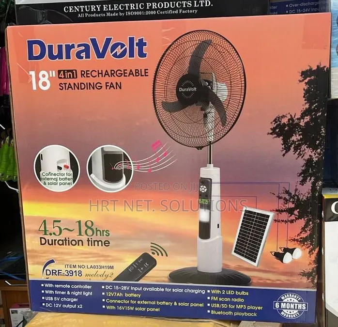 DuraVolt 18-Inch 4-in-1 Rechargeable Solar Standing Fan With Remote
