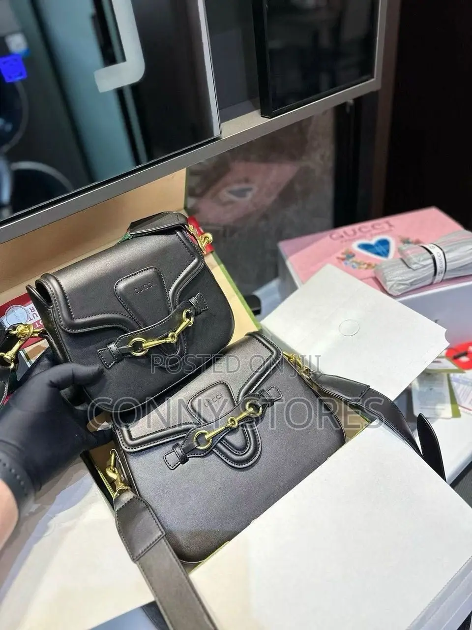 Authentic Black Gucci Web Calf Skin Cross Body Bag