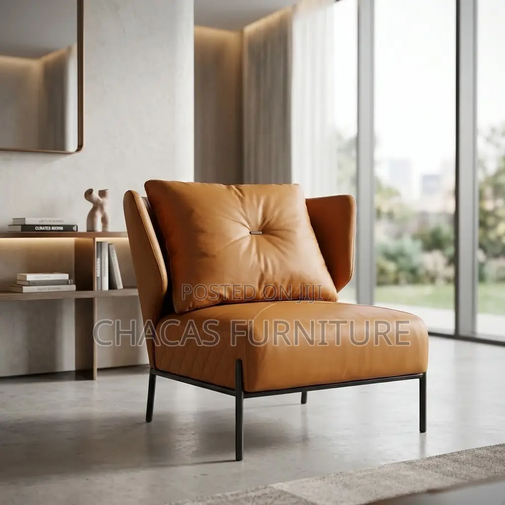 Luxury Italian Leather Accent Lounge Chair With Plump Pillow Back