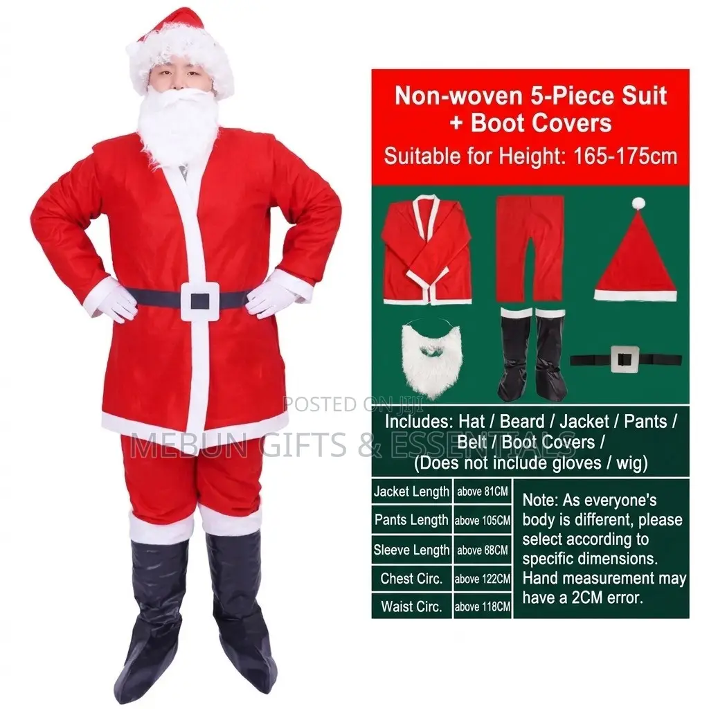 Santa Claus Non-Woven Costume Set: Jacket,Hat,Belt,Pants,Beard