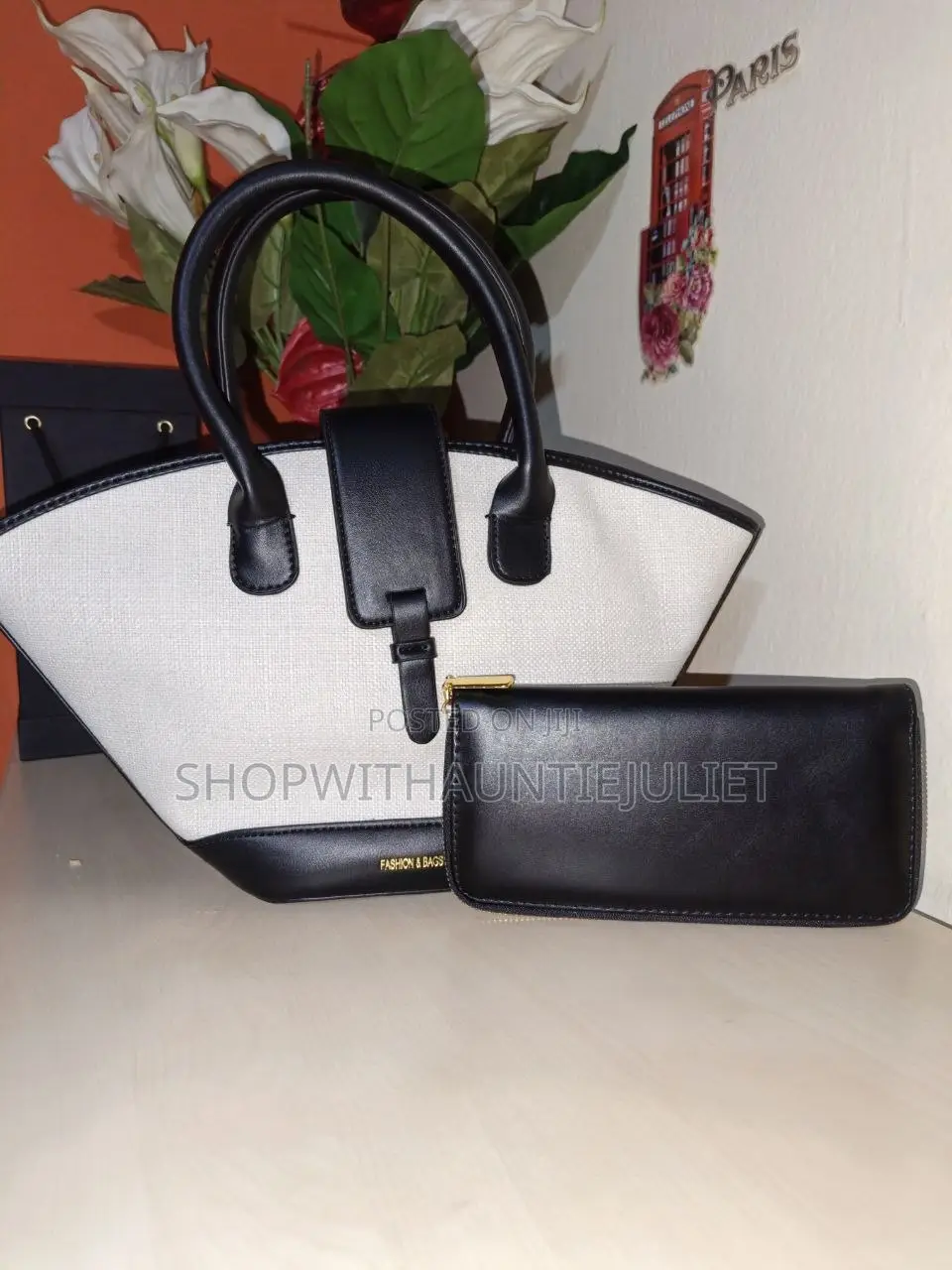 Cream & Black Tote Handbag Set