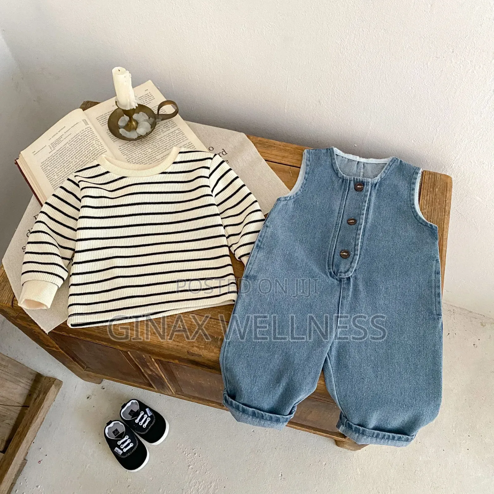 Babies 2-Piece Denim Dungaree and Striped Long-Sleeve Top Set (0–6M)