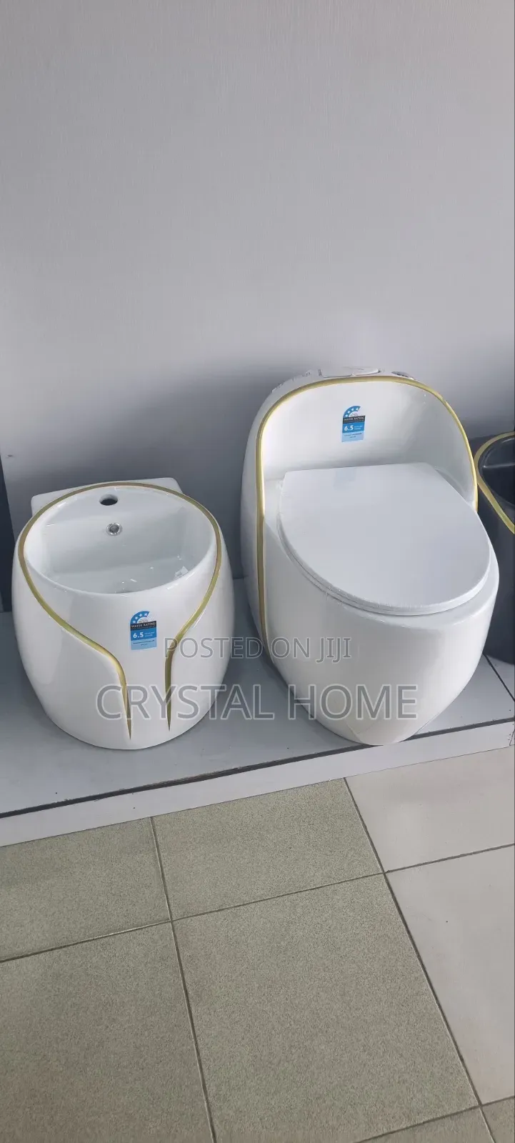White Ceramic Toilet and Wash Basin Set With Gold Trim