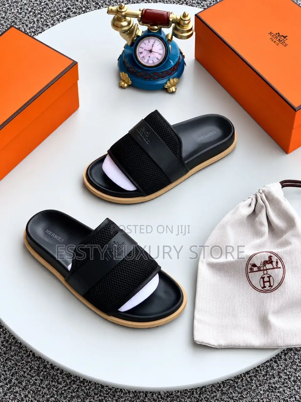 High Quality Luxury Hermès Mesh and Leather Slide