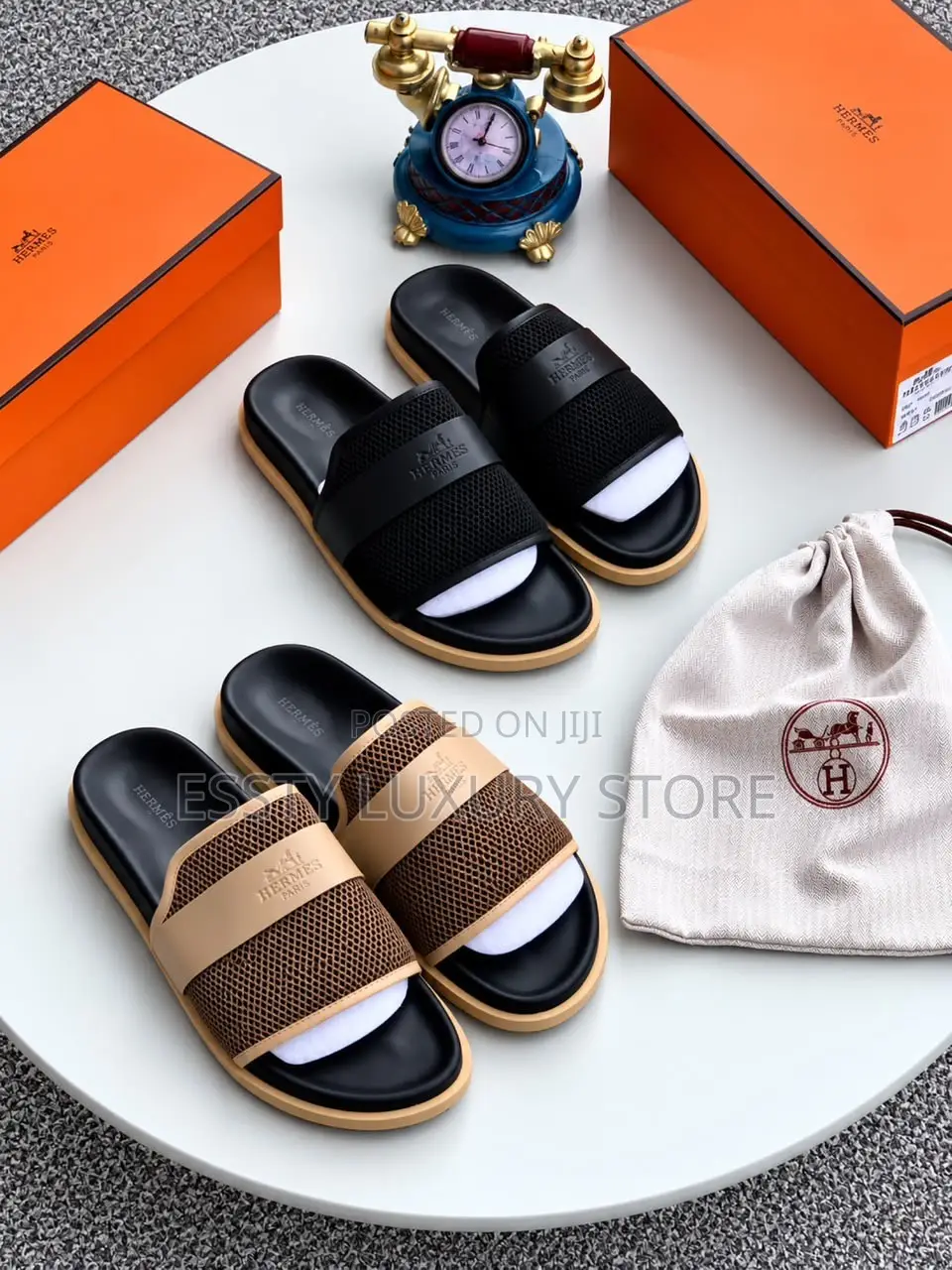 High Quality Luxury Hermès Mesh and Leather Slide